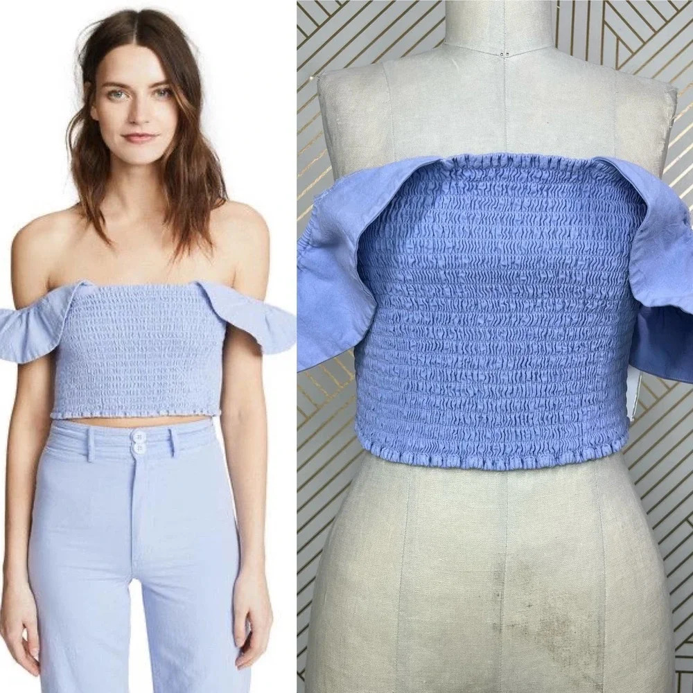 Apiece Apart Lamu Smocked Cropped Top Cotton Chambray Blue Lilac Size Us 12